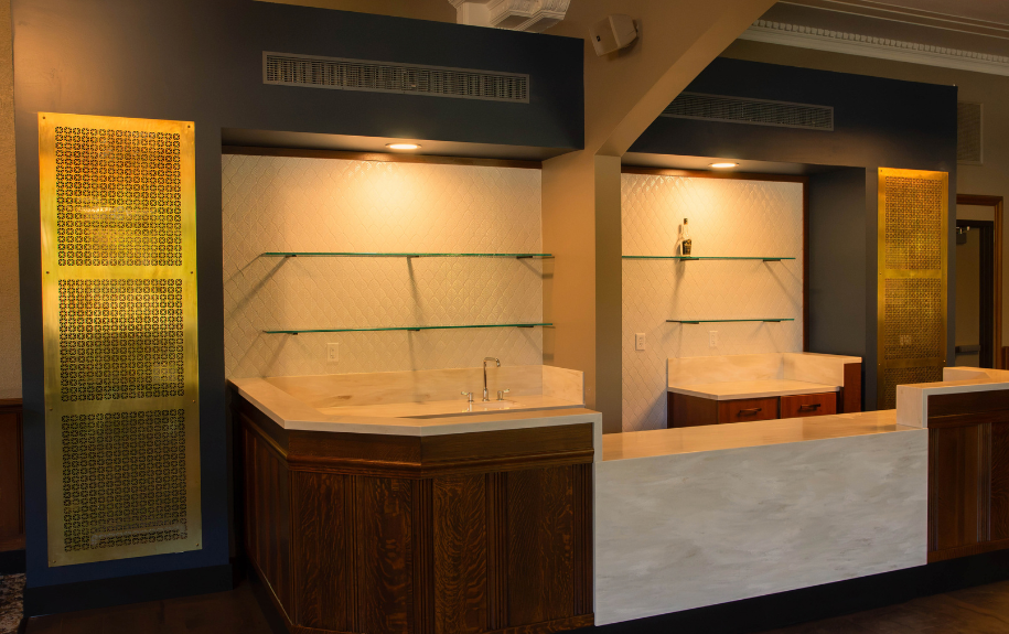 backlight bar with glass shelves, white tile and dark wood